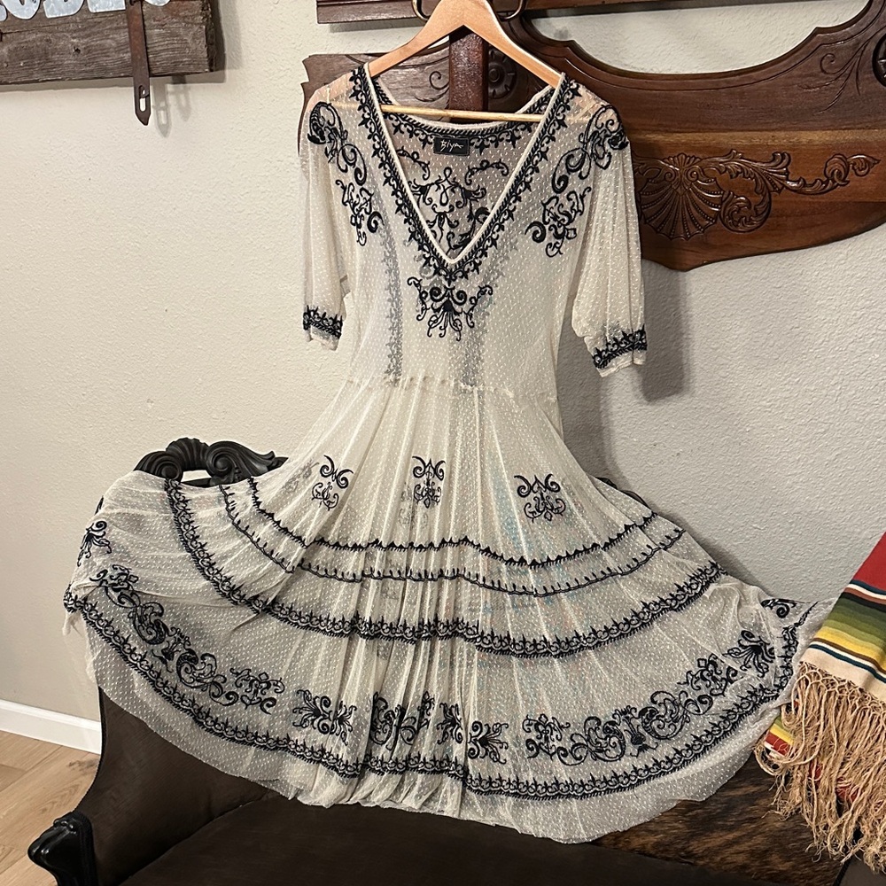 Johnny was Biya Elegant Cream and Black Embroidered Midi Dress